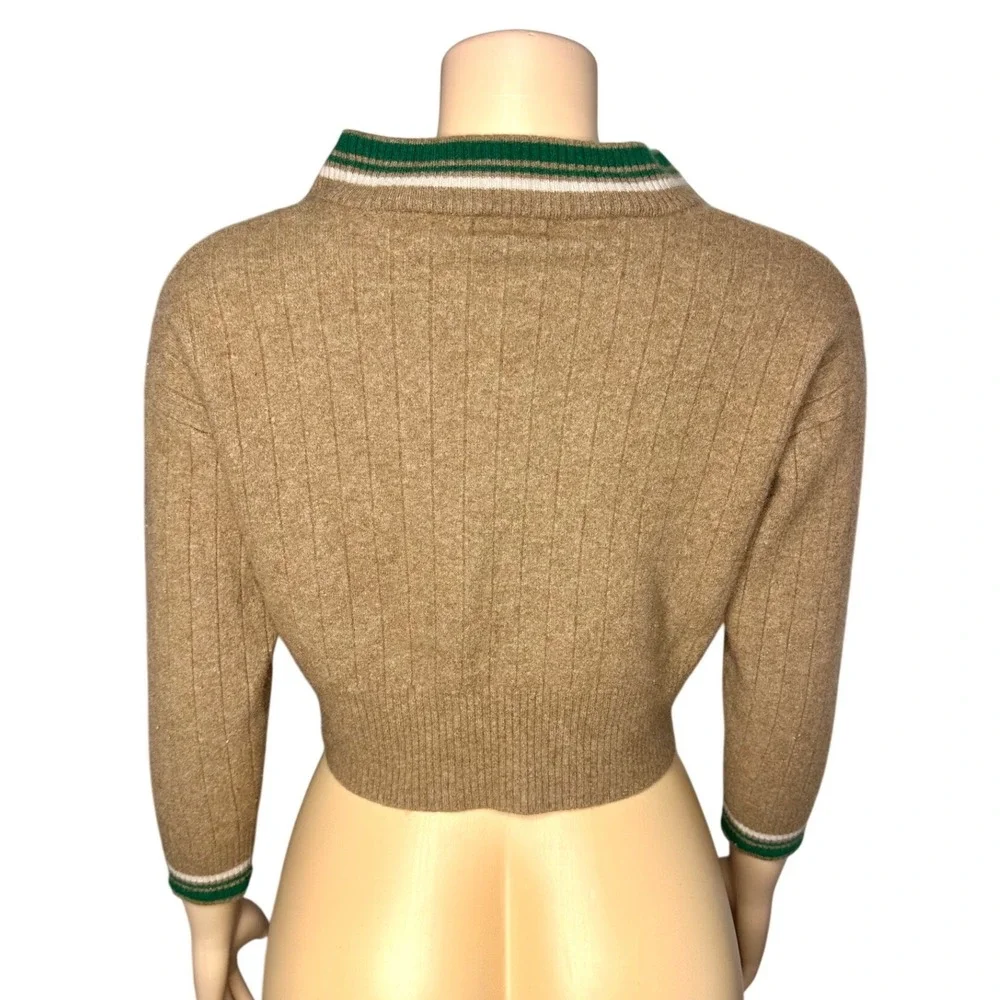Monrow Women's Wool Cashmere Cropped Cardigan V-Neck Sweater Size Medium Tan